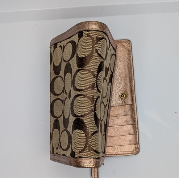 Coach Wallet Signature Canvas Trifold Khaki Brown Rose Gold Metallic Leather - Picture 5 of 14